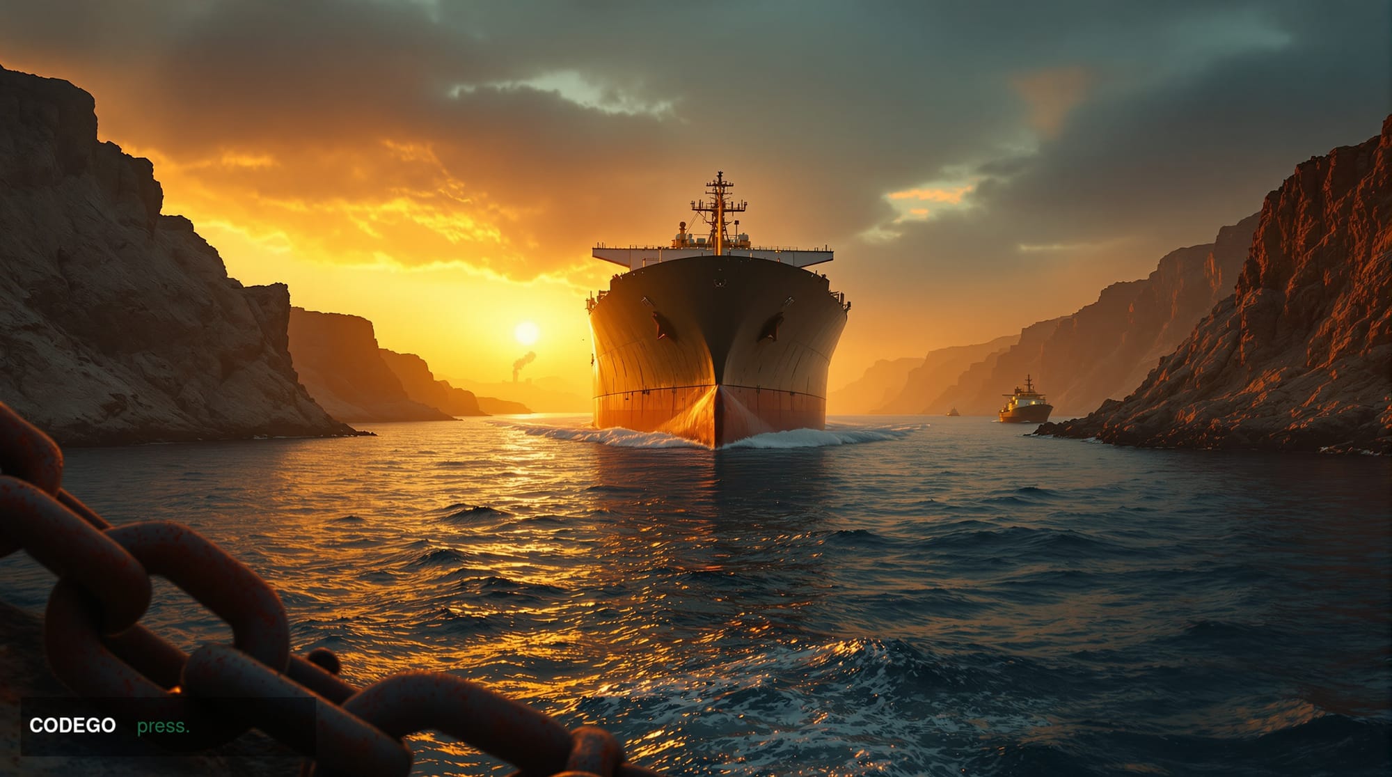 A photorealistic cinematic editorial photograph depicting a massive supertanker navigating through the narrow, haze-shrouded 