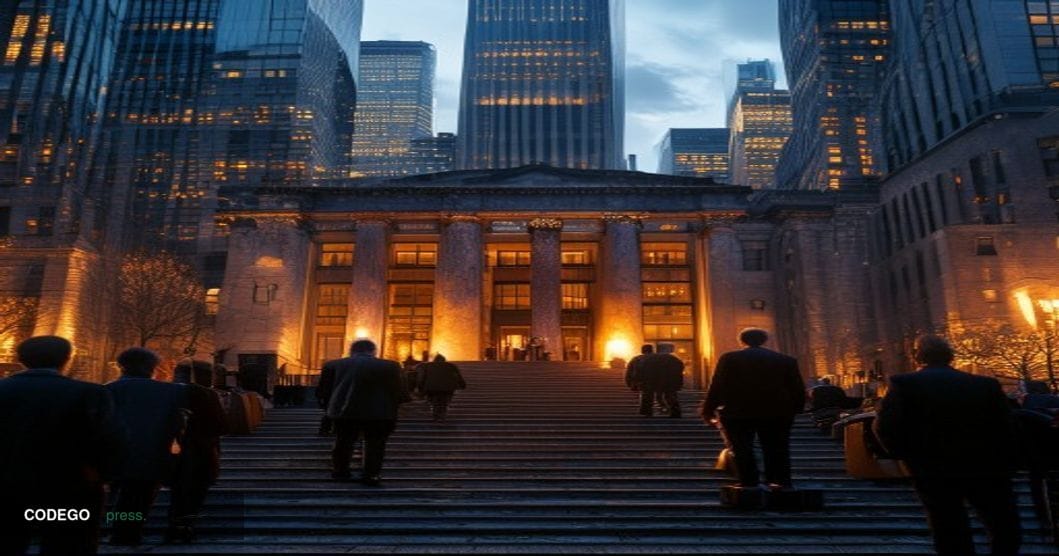 A cinematic editorial photograph of the exterior of a federal government hearing venue in New York City, with the iconic Manh
