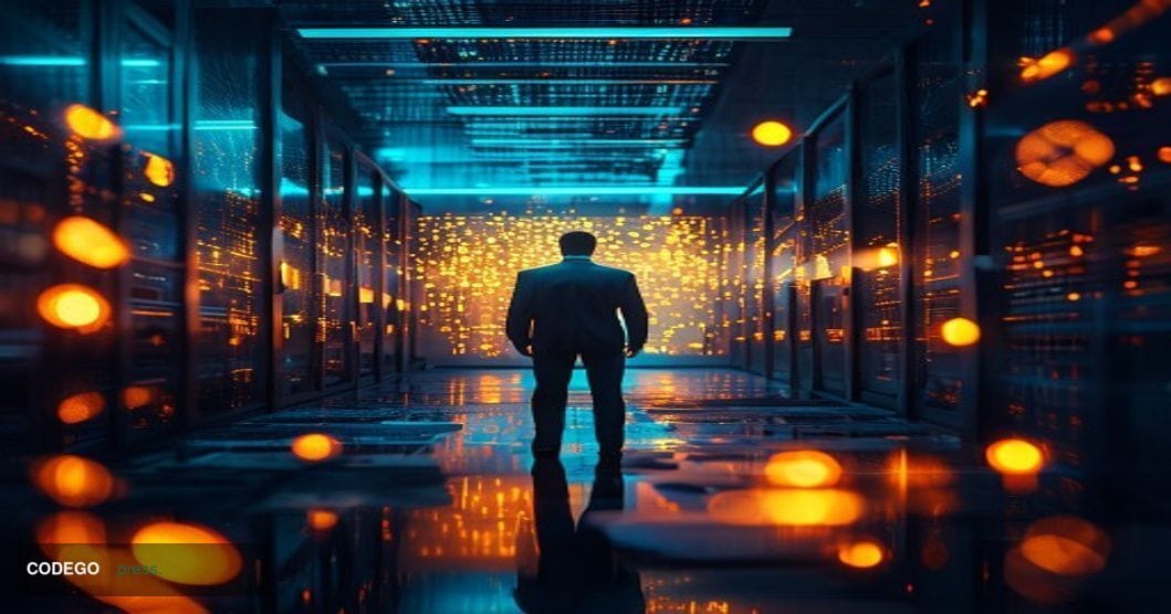 A dramatic cinematic editorial photograph depicting the aftermath of a major cryptocurrency security breach. The foreground f