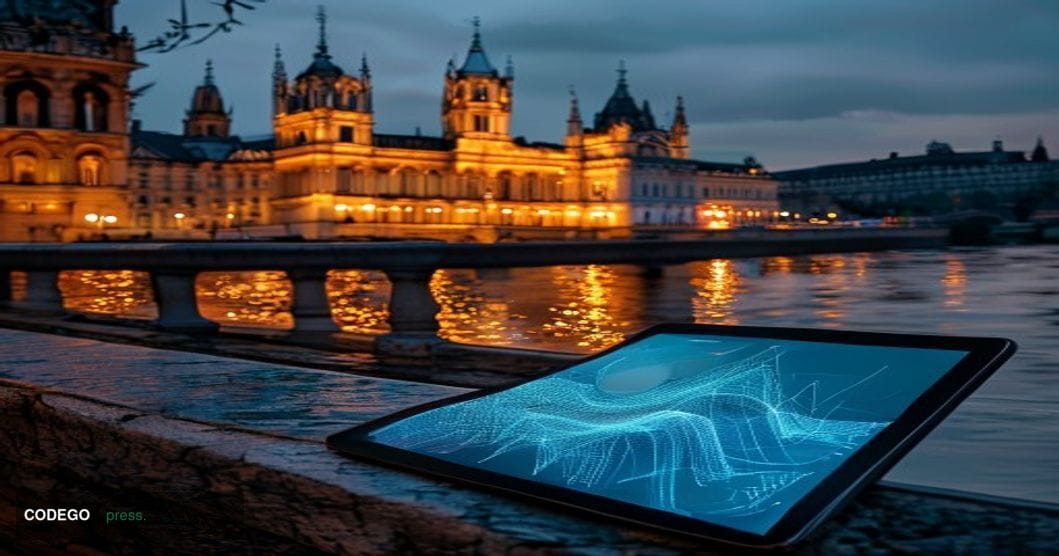 A cinematic editorial photograph set in Budapest, Hungary, with the iconic Hungarian Parliament Building visible along the Da