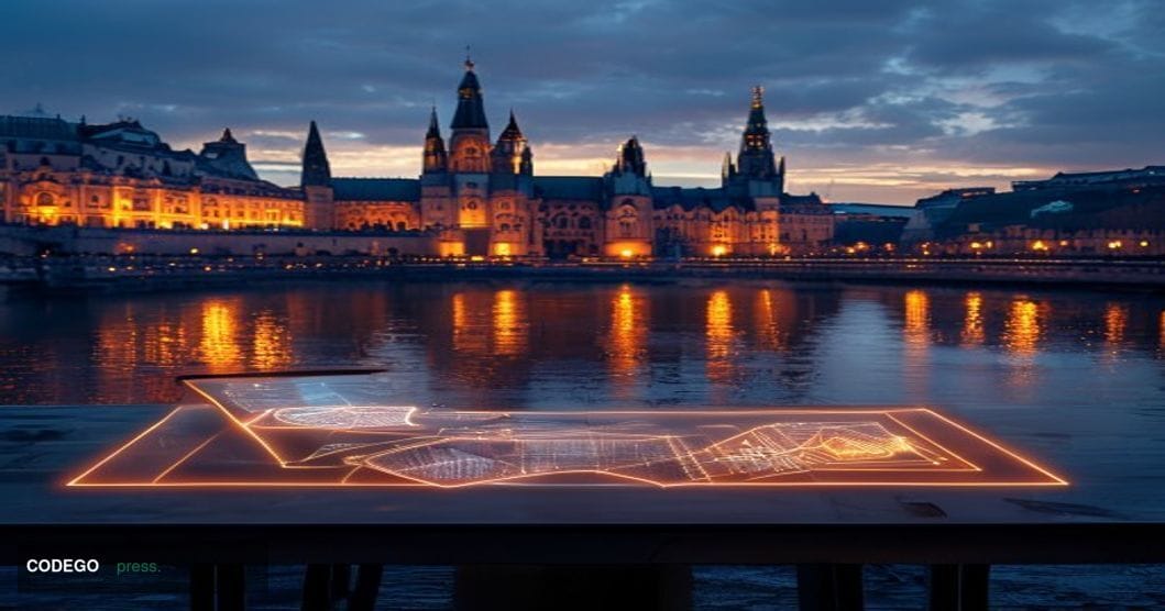 A dramatic cinematic editorial photograph set in Budapest, Hungary, with the iconic Hungarian Parliament Building along the D