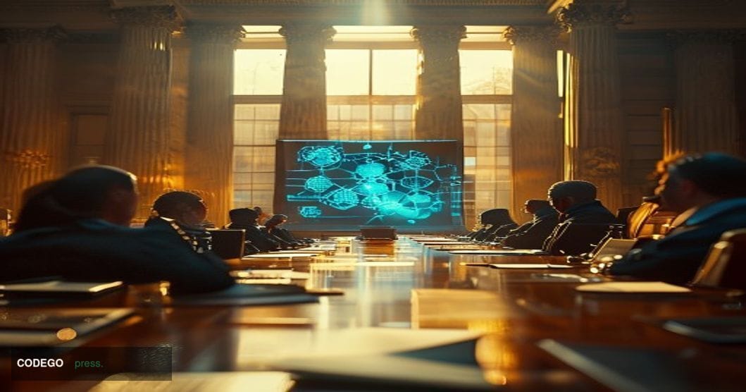 A cinematic editorial photograph set inside a formal Washington D.C. federal meeting room, shot from a low-angle perspective 