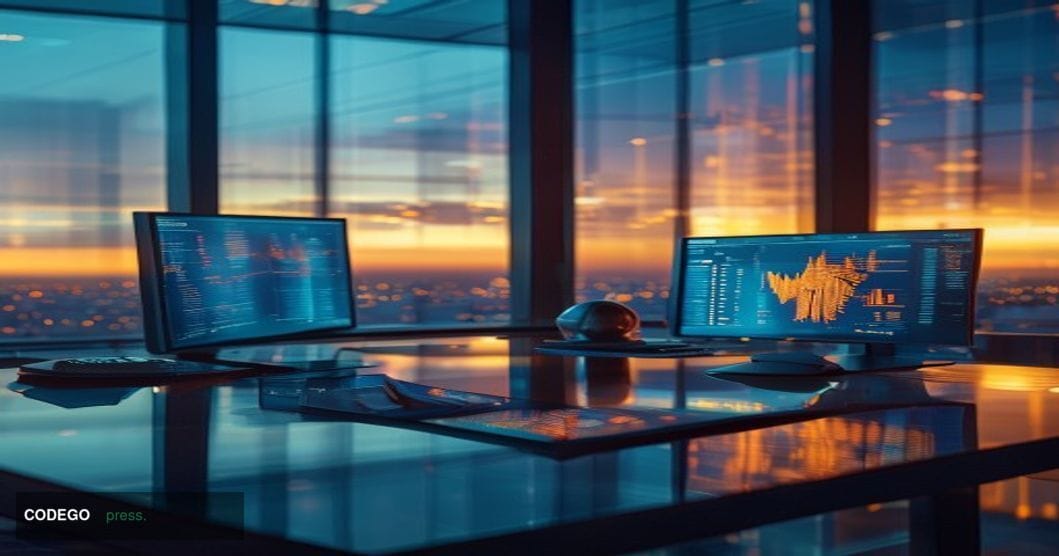 A cinematic editorial photograph set in a sleek, modern corporate treasury operations center with dual-screen terminals displ