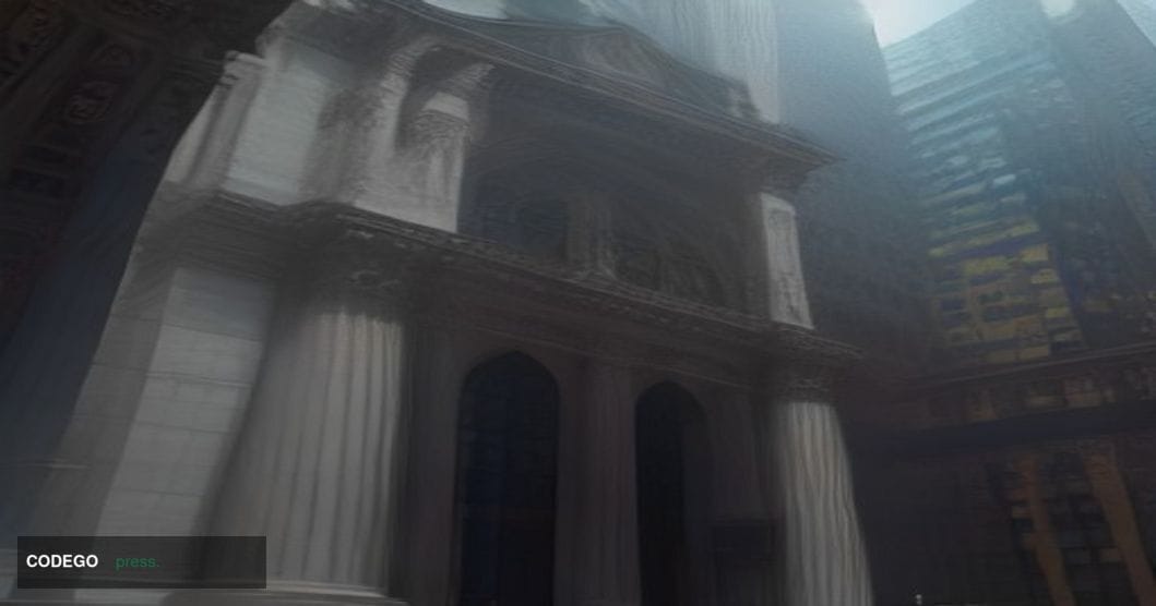 A dramatic cinematic editorial photograph set in the heart of lower Manhattan's financial district, with the iconic facade of