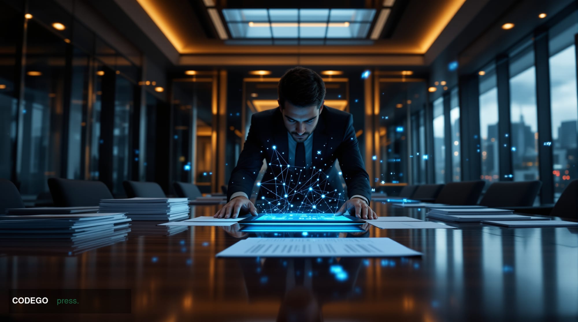 A cinematic editorial photograph set inside a grand institutional chamber resembling the IMF headquarters in Washington D.C.,