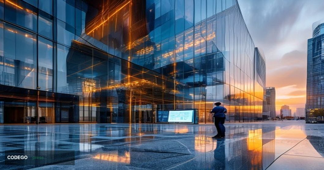 A striking cinematic editorial photograph of a sleek, modern bank headquarters building with glass and steel architecture ref