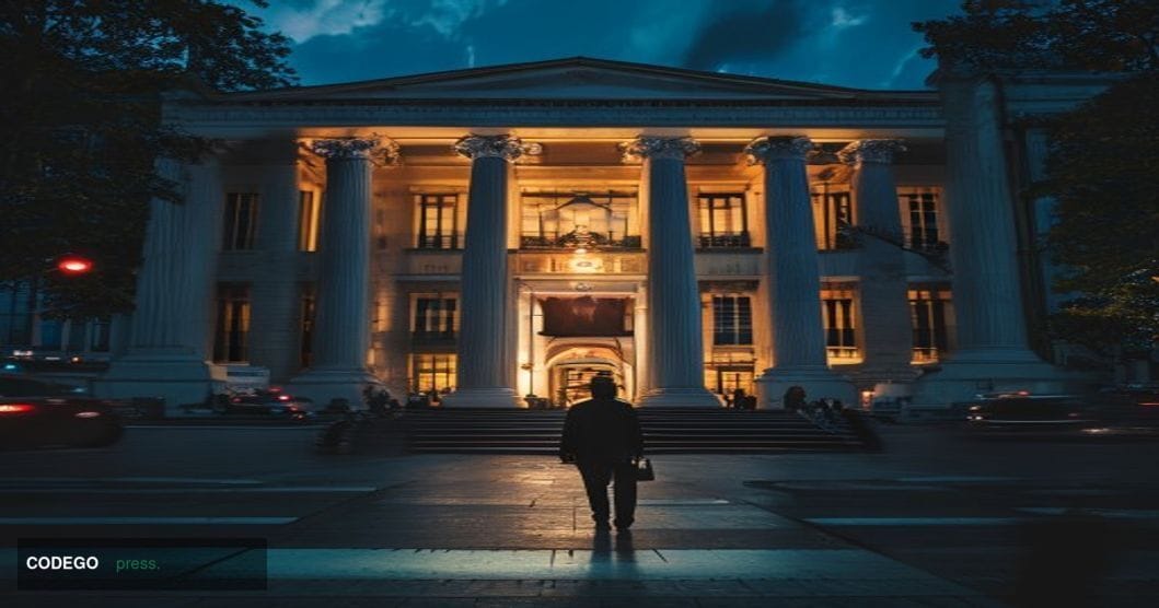 A cinematic editorial photograph taken at dusk outside the Bank Indonesia headquarters in Jakarta, a grand colonial-era white