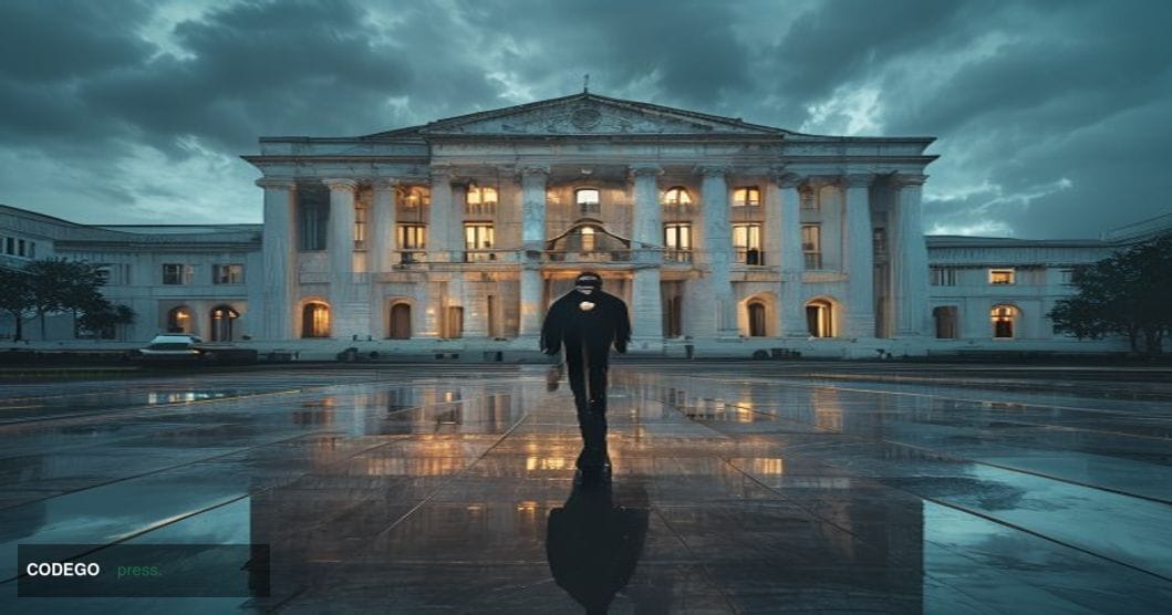 A photorealistic editorial photograph set in Jakarta, Indonesia, with the iconic Bank Indonesia headquarters building promine