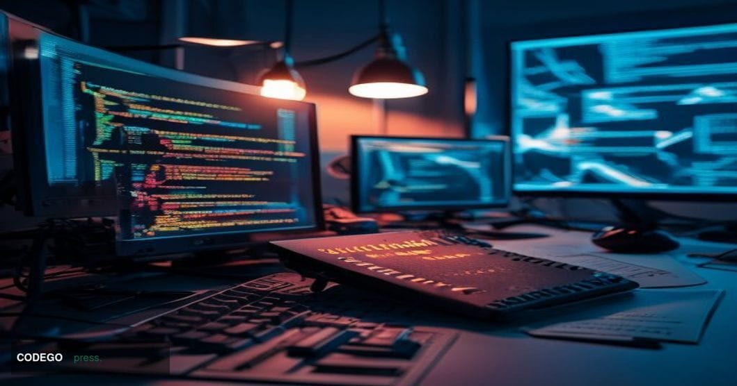 A cinematic editorial photograph depicting a close-up of a developer's workstation in a darkened room, with multiple monitors
