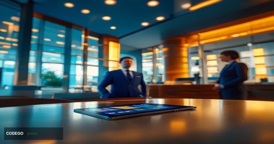 A photorealistic editorial photograph set inside a sunlit community bank branch, shot from a low angle looking up toward a mo