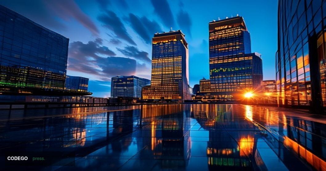 A cinematic editorial photograph of the Frankfurt financial district skyline at golden hour, with the iconic Deutsche Bank tw