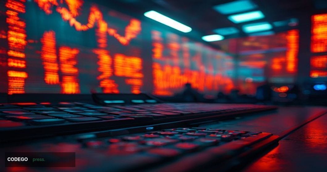 A cinematic editorial photograph shot at a dramatic low angle looking up at a digital financial trading screen wall displayin