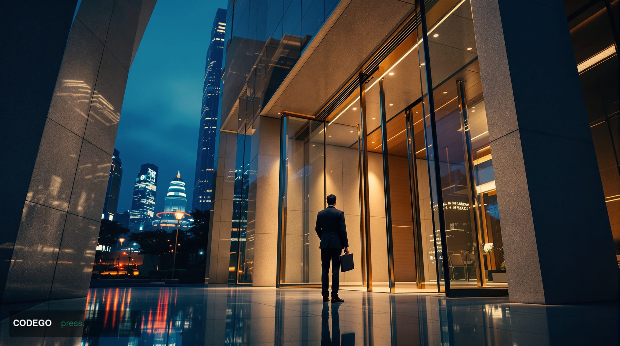 A dramatic cinematic editorial photograph taken at street level in Tokyo's Kabukicho or Marunouchi financial district at dusk