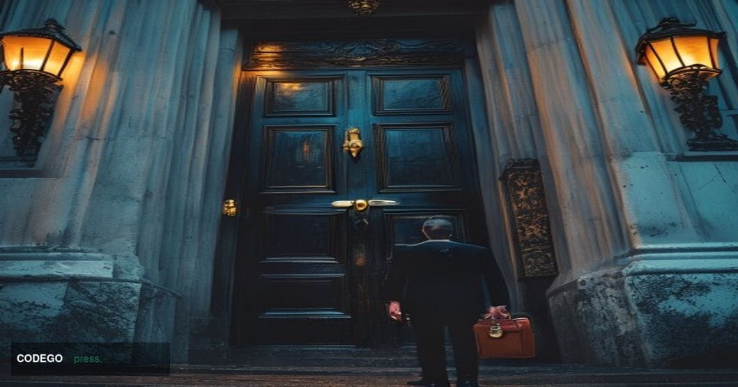 A dramatic cinematic editorial photograph set outside the iconic black door of 11 Downing Street, London, the traditional res
