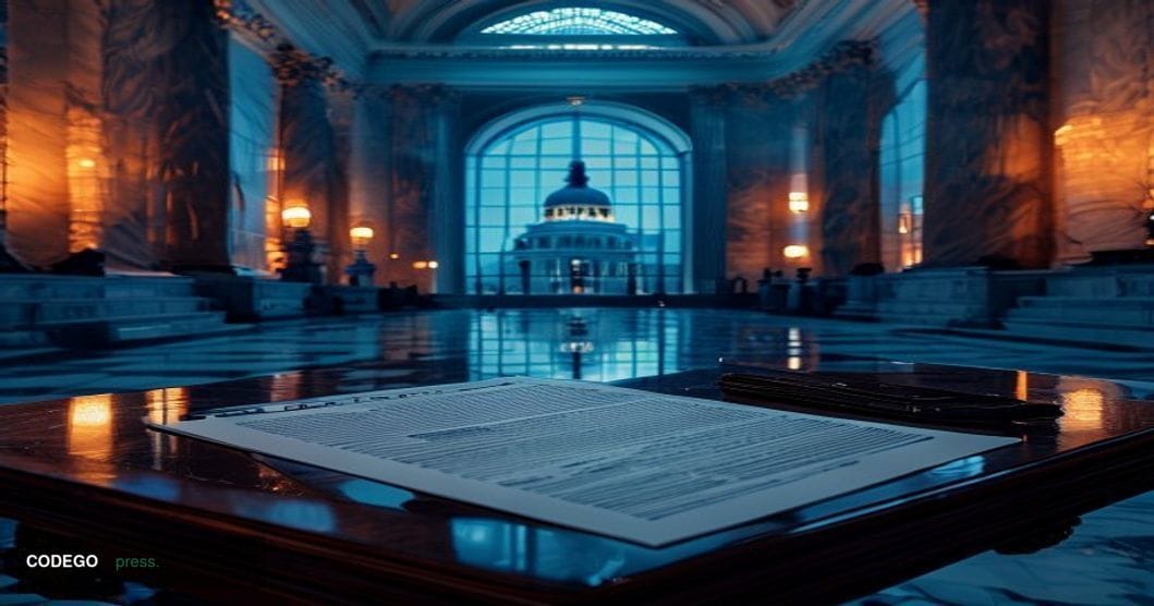 A cinematic editorial photograph set inside a grand, marble-columned U.S. Senate chamber corridor, dramatically lit with cool
