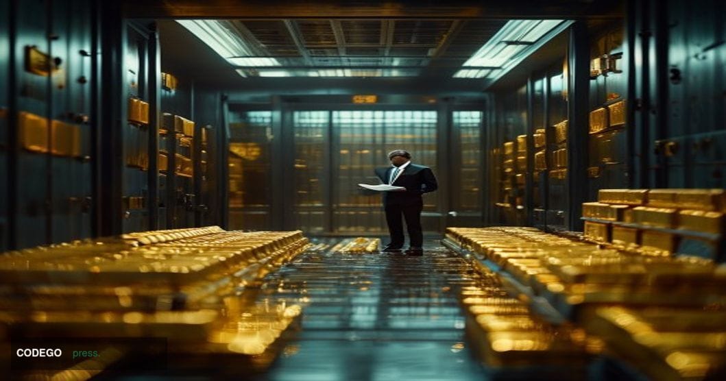 A cinematic editorial photograph taken from a low angle inside a high-security gold vault, with rows of gleaming gold bars st