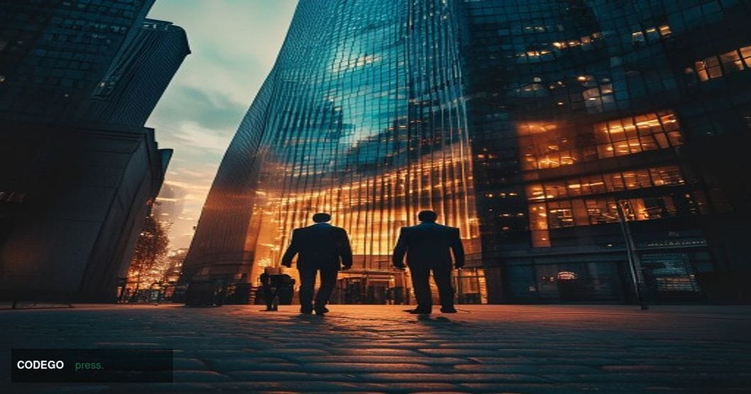 A dramatic cinematic editorial photograph set outside JPMorgan Chase's iconic Manhattan headquarters at 383 Madison Avenue, s