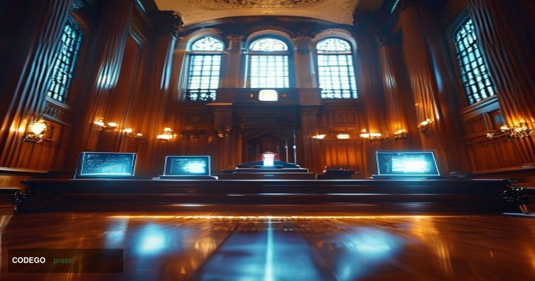 A cinematic editorial photograph set inside a grand federal courthouse interior, shot from a low angle looking up toward a to
