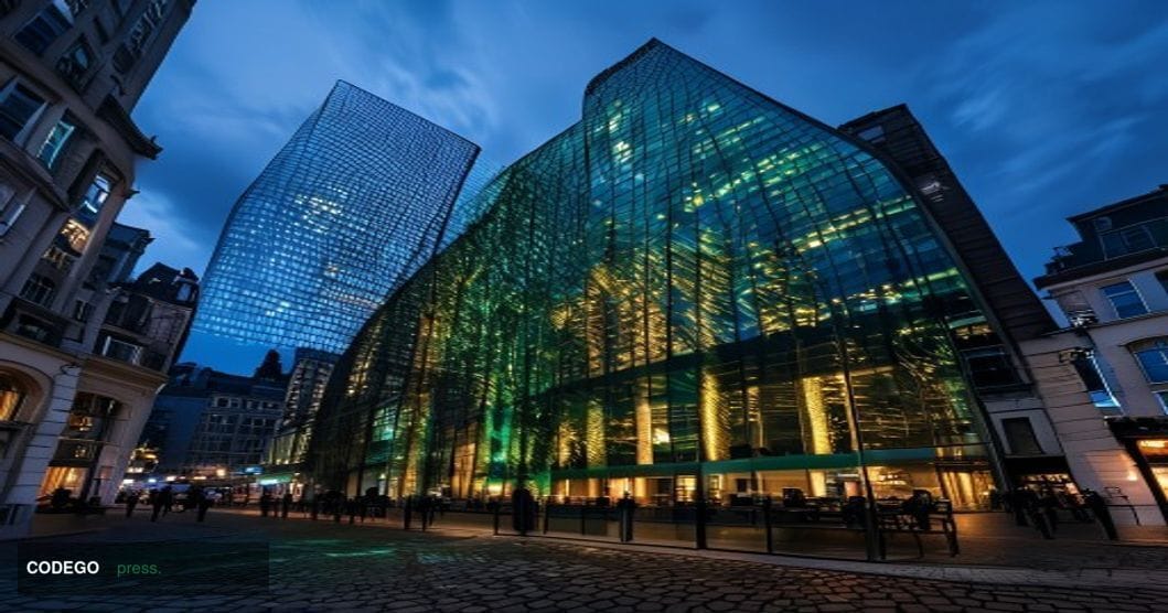 A dramatic editorial photograph set in the Brussels financial district at dusk, with the illuminated glass façade of a modern