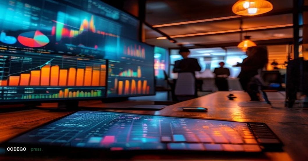 A cinematic editorial photograph set inside a modern financial data intelligence firm's open-plan office, with large curved m