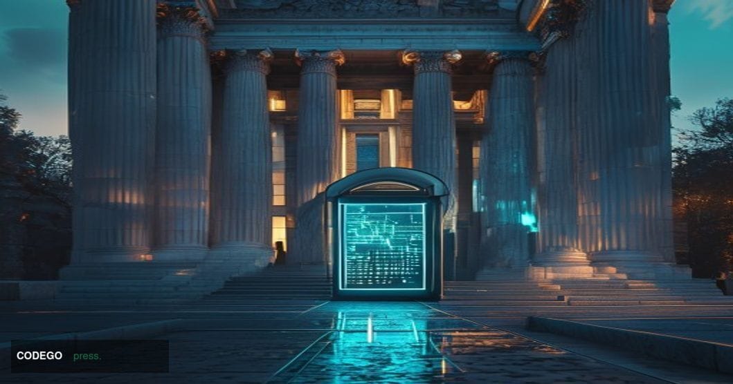 A photorealistic cinematic editorial photograph depicting a large, imposing Federal Reserve building facade — the Federal Res