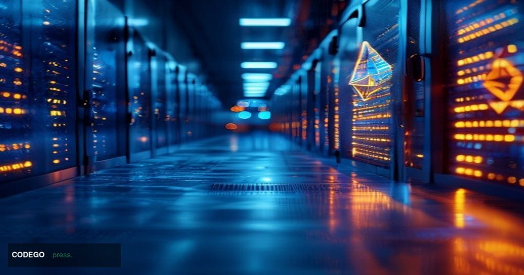 A dramatic cinematic editorial photograph set in a sleek, dimly lit data center corridor representing blockchain infrastructu