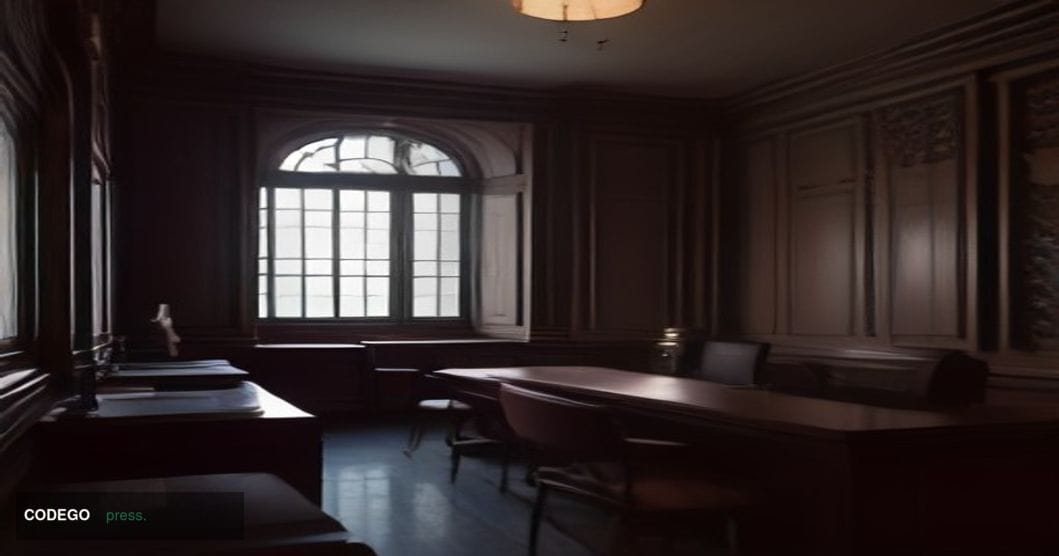 A cinematic editorial photograph of a somber, formal banking environment set inside a traditional American community bank bra
