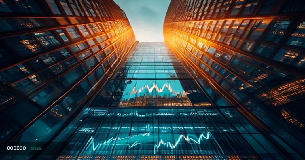 A dramatic split-composition editorial photograph shot from a low angle looking up at the glass and steel facade of a major B