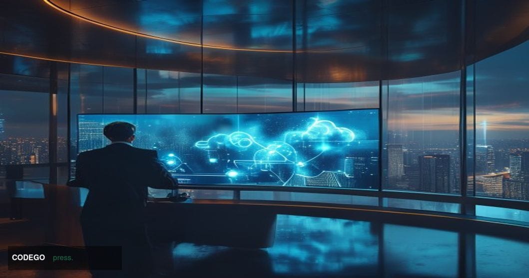 A dramatic cinematic editorial photograph set inside a sleek, modern credit union or community bank operations center, with c