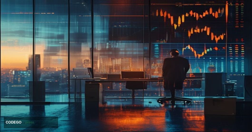 A photorealistic editorial photograph of a modern cryptocurrency exchange office environment undergoing visible transition — 
