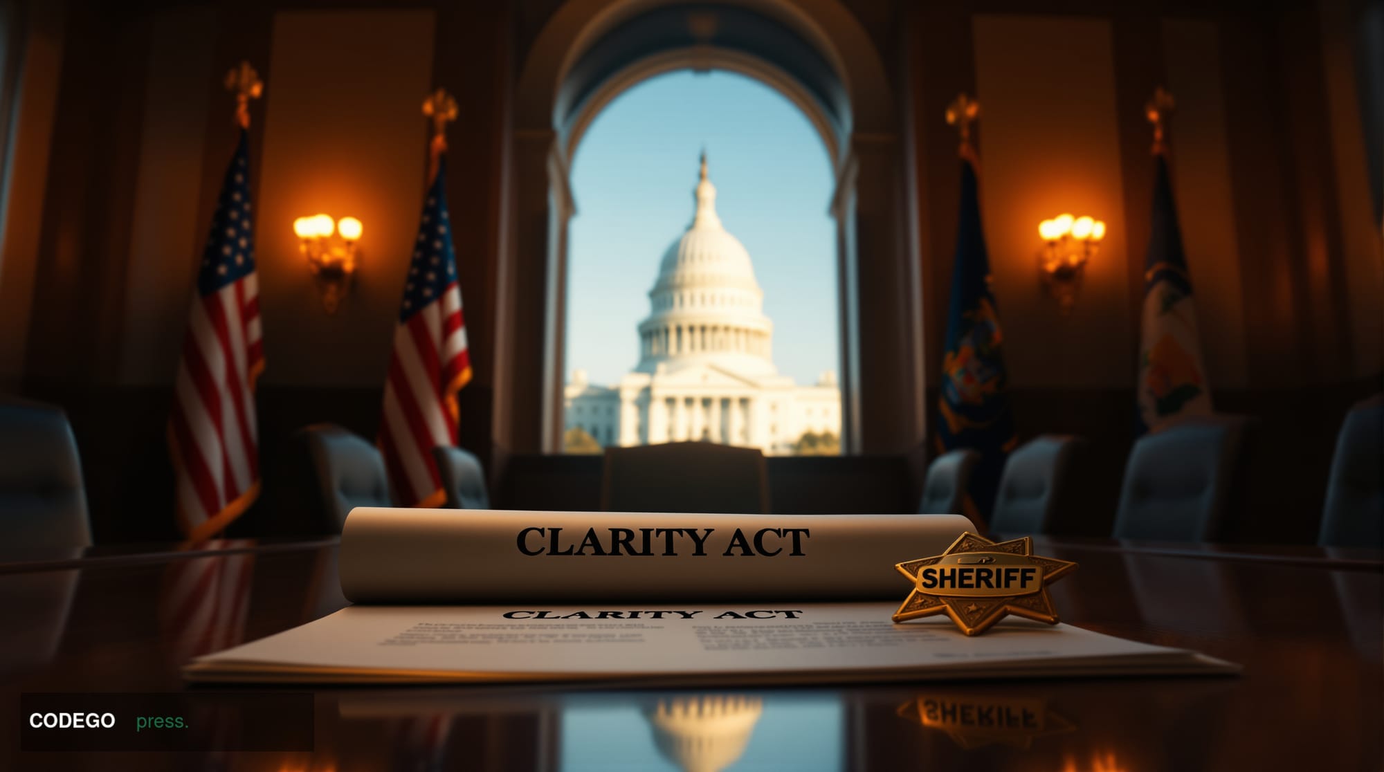 A photorealistic cinematic editorial photograph set inside a formal law enforcement meeting room inside a grand U.S. county g