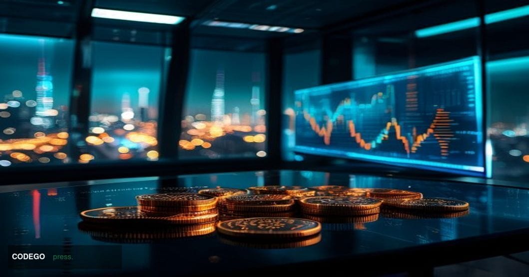 A cinematic editorial photograph set inside a sleek, modern blockchain startup headquarters at night, with dramatic chiaroscu