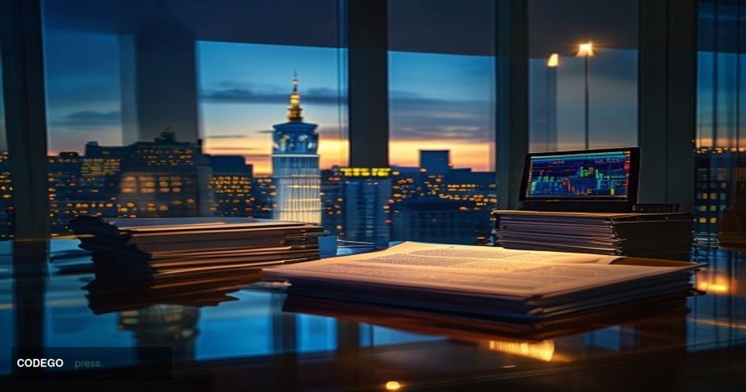 A dramatic wide-angle shot of a glass-and-steel European financial district at dusk, with the unmistakable silhouette of the 