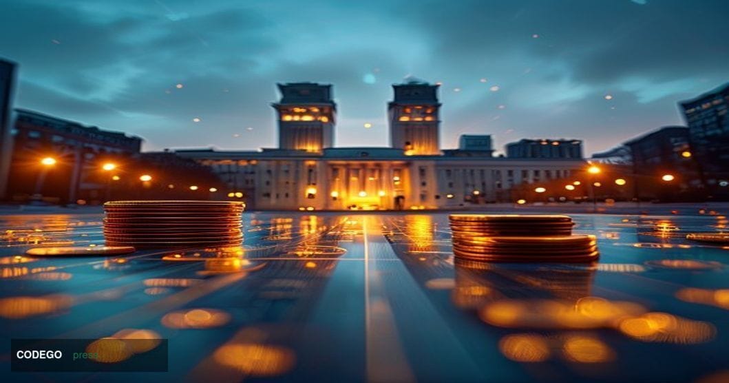 A cinematic editorial photograph set in the heart of Frankfurt's financial district, with the European Central Bank's iconic 