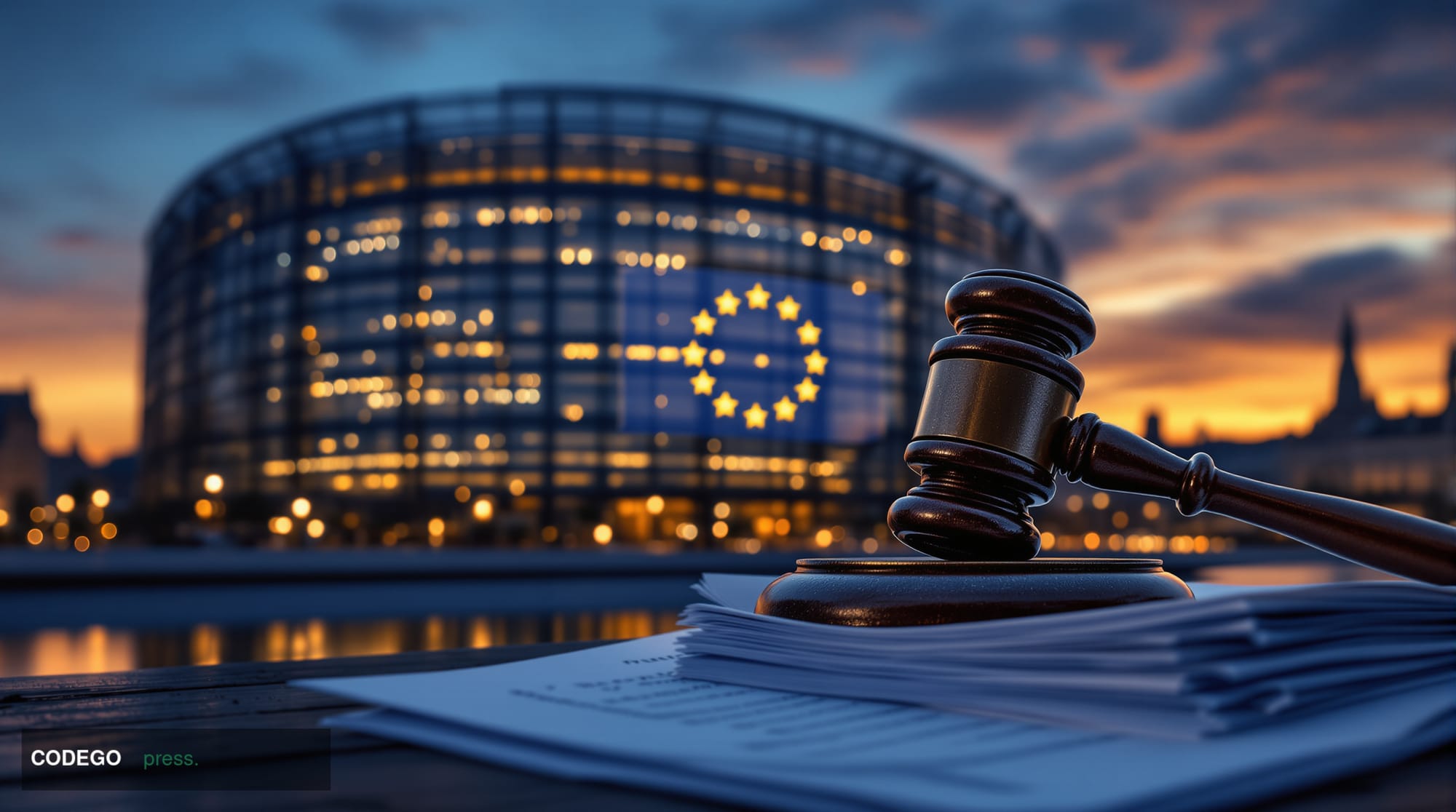 A dramatic wide-angle shot of the European Parliament building in Strasbourg, France, captured at dusk with warm amber light 