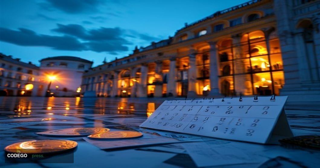 A wide-angle cinematic shot of the European Parliament building in Strasbourg at dusk, its curved glass facade illuminated by
