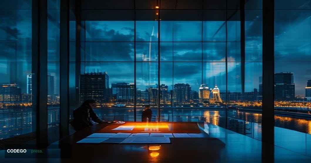 A cinematic editorial photograph set inside a sleek, modernist Financial Conduct Authority office in London's Canary Wharf di