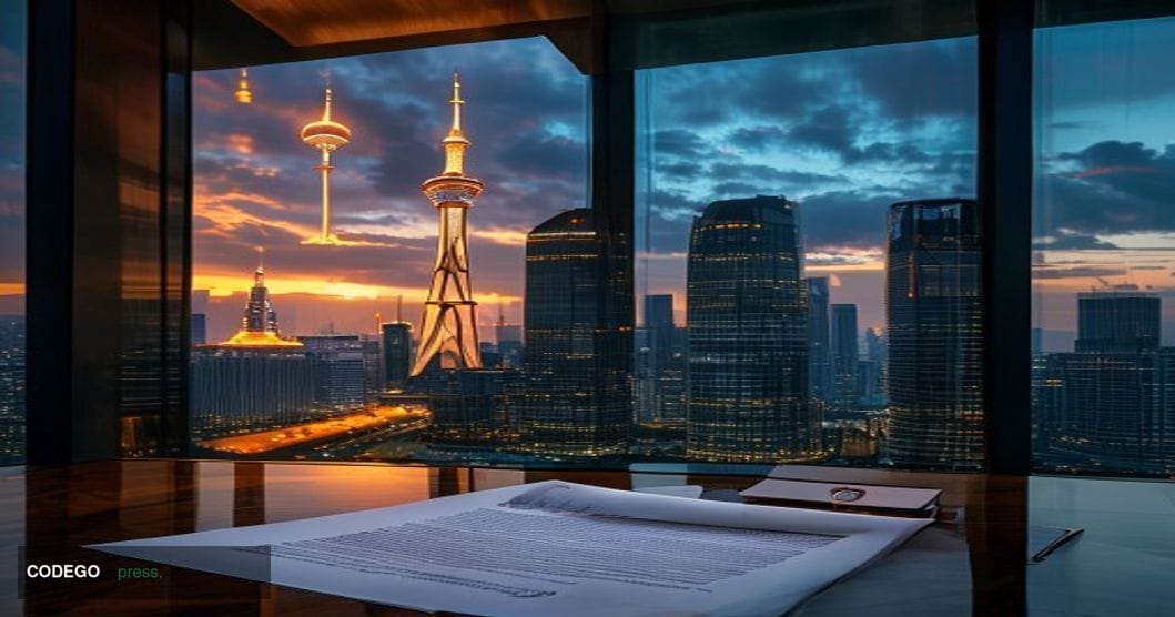 A cinematic editorial photograph set at the modern Nur-Sultan (Astana) skyline in Kazakhstan, featuring the iconic Baiterek T