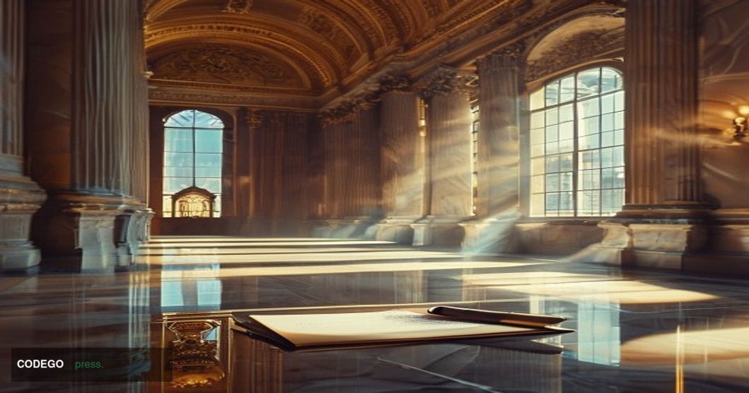 A cinematic editorial photograph set inside a grand neoclassical courthouse corridor in New York City, modeled on the interio