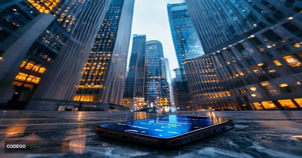 A cinematic editorial photograph shot from a low angle looking up at the glass-and-steel facades of three converging financia