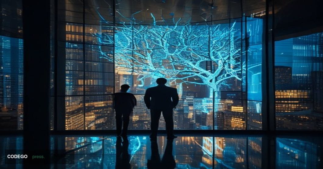 A cinematic editorial photograph taken from a low angle inside a sleek, glass-walled financial district tower, looking upward