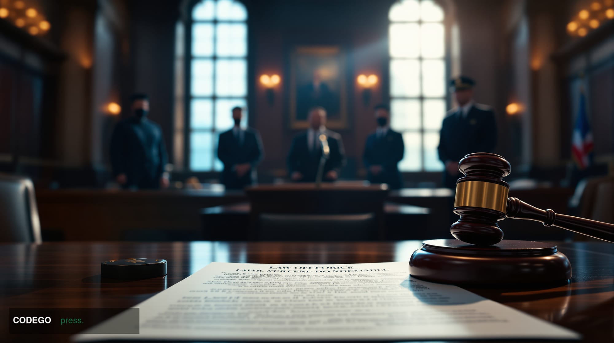 A cinematic editorial photograph set inside a formal law enforcement conference hall, where a polished mahogany podium bears 