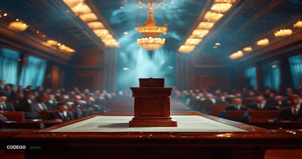 A cinematic editorial photograph set inside a formal law enforcement conference hall, where a polished mahogany podium bearin