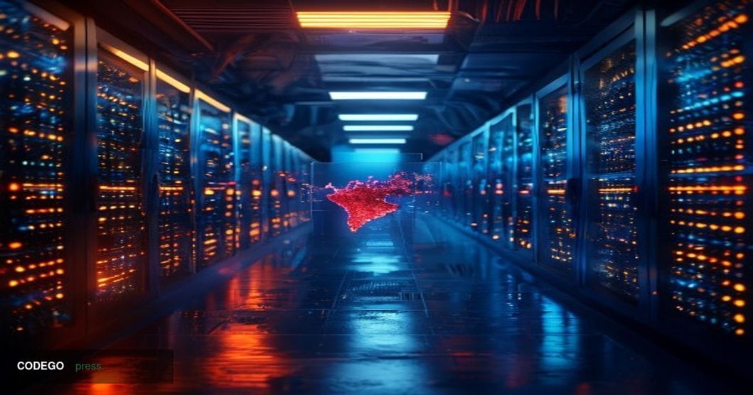 A dramatic cinematic editorial photograph depicting a dark, rain-slicked server room corridor with rows of glowing blue-lit h