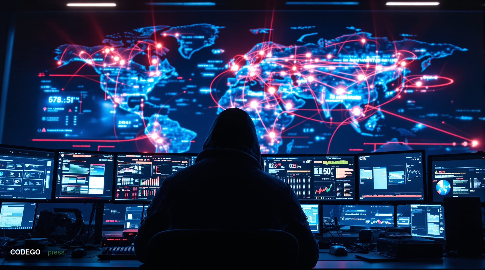 A cinematic editorial photograph set in a darkened, high-security digital operations center with multiple glowing monitors di