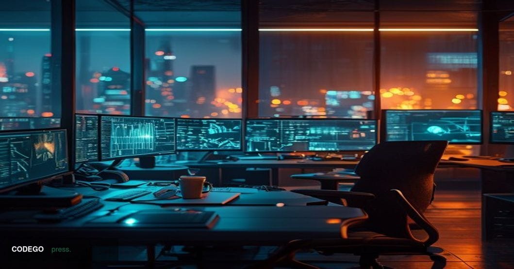 A dramatic cinematic editorial photograph shot from a low angle inside a darkened software development office at night, with 