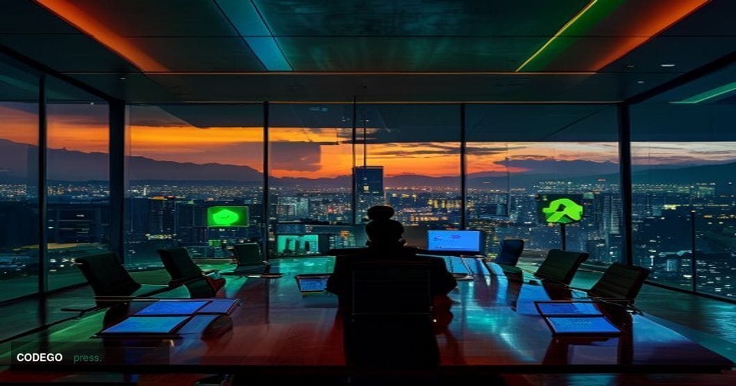A cinematic editorial photograph taken inside a high-ceiling corporate boardroom with floor-to-ceiling glass walls overlookin
