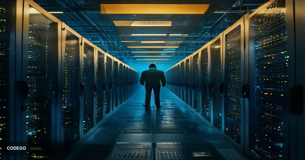 A cinematic editorial photograph set inside a vast, dimly lit data center filled with rows of glowing server racks in deep el