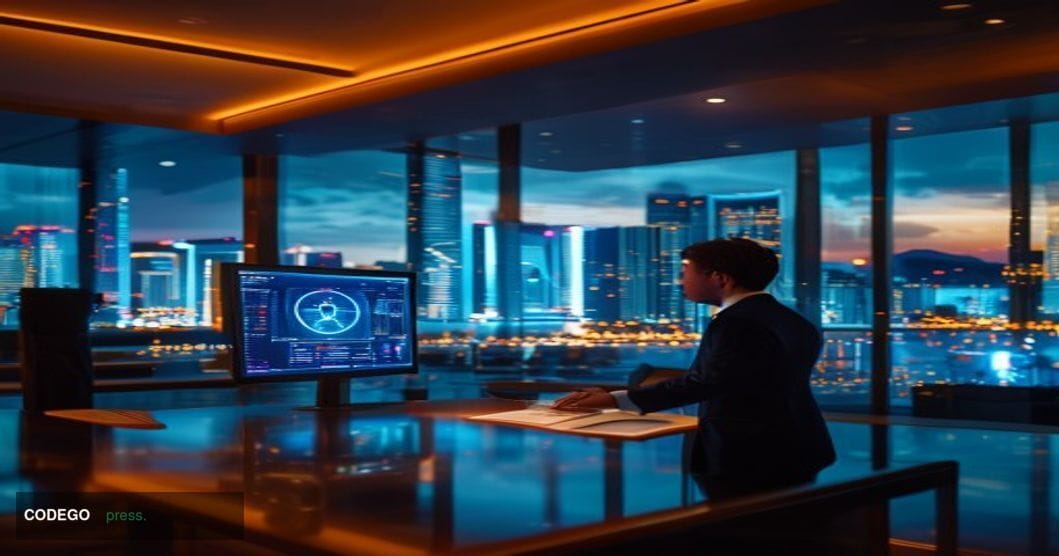 A sleek, ultra-modern private banking office interior in Singapore, photographed from a low-angle perspective looking up towa