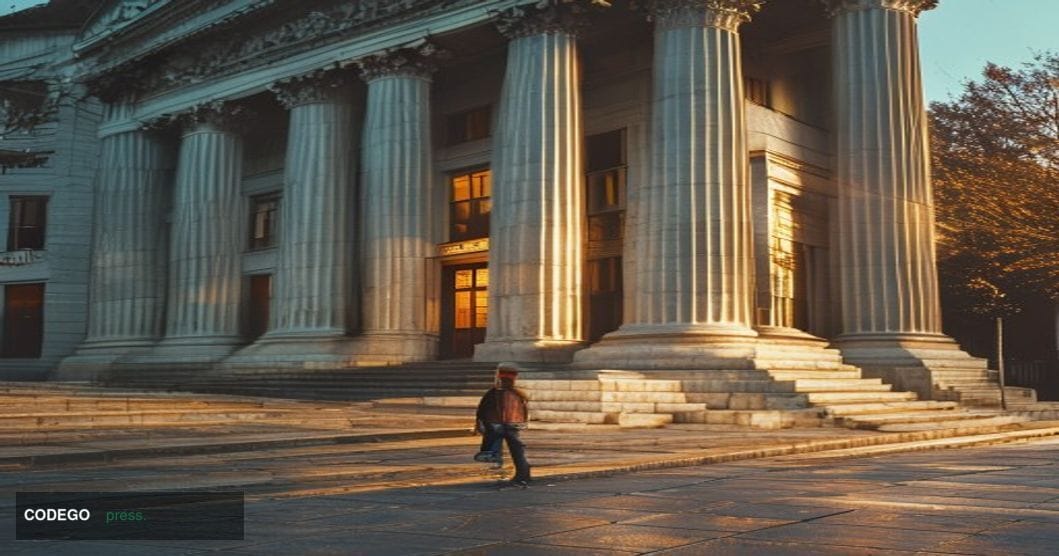 A photorealistic editorial photograph shot at street level looking up at a classical federal building facade in Washington D.